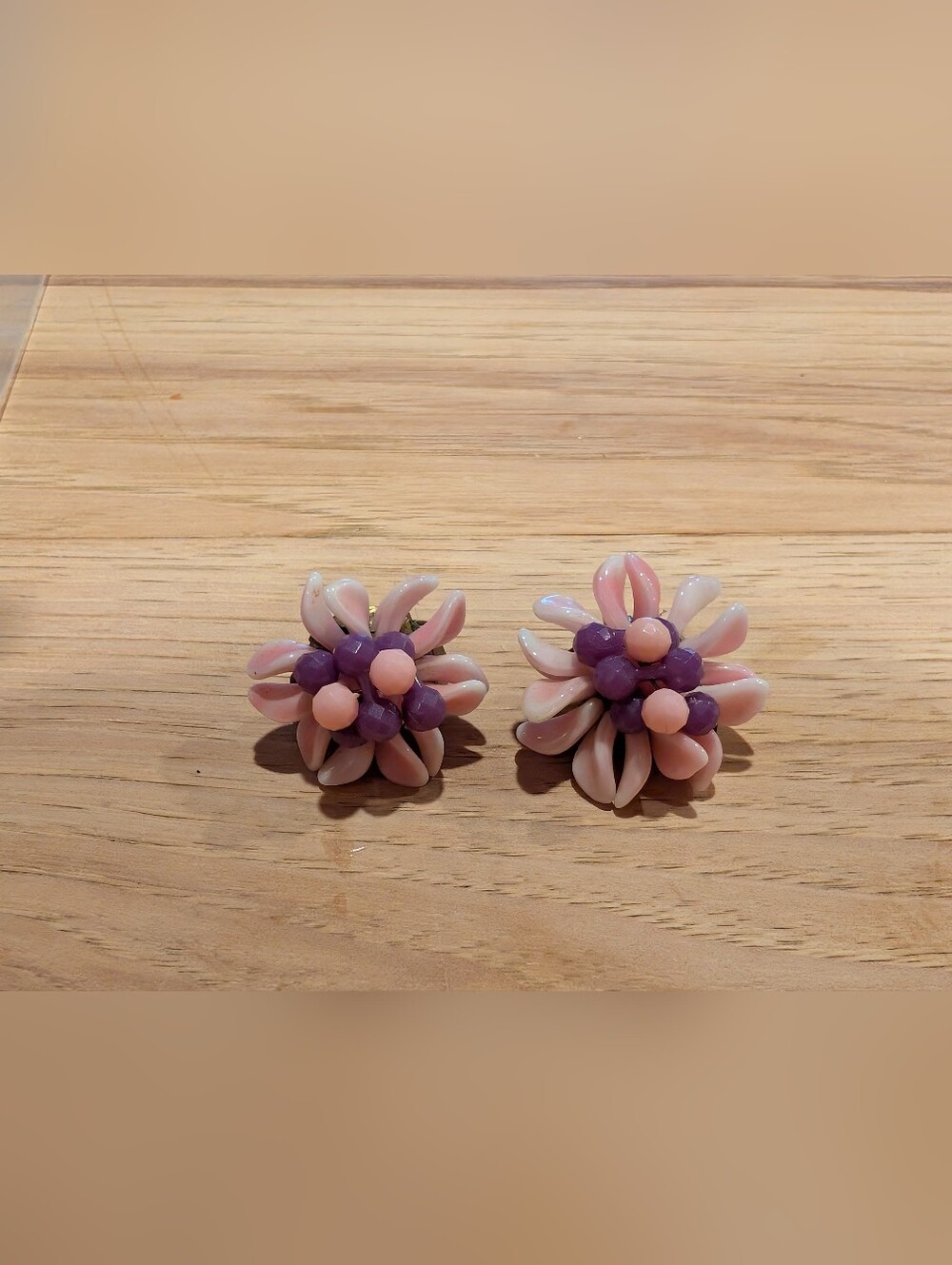 Source Unknown Pink and Purple Beaded Flower Clip-On Earrings